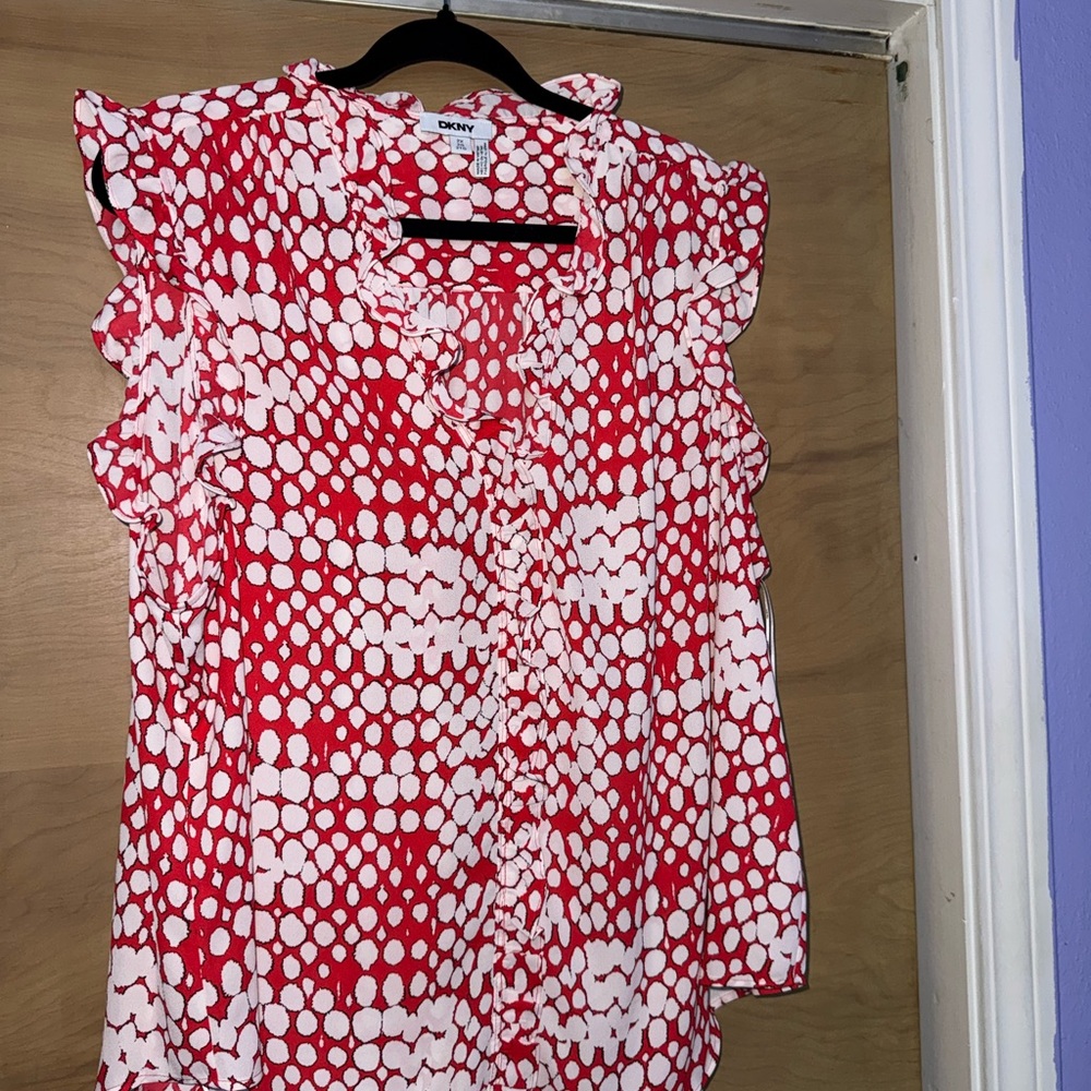 DKNY Red and White Ruffle Blouse